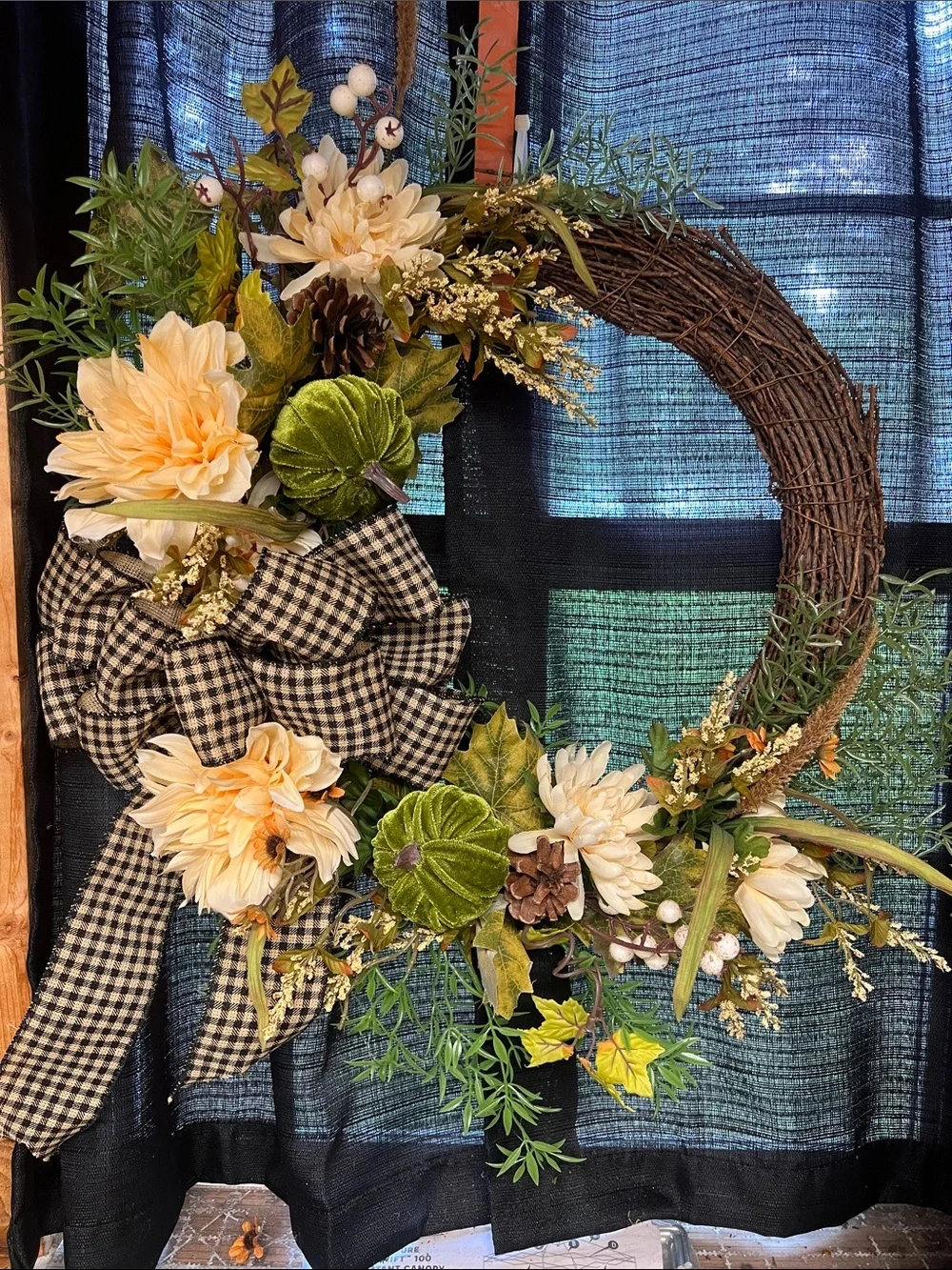 Handcrafted Cream Floral Grapevine Wreath with Green Accents